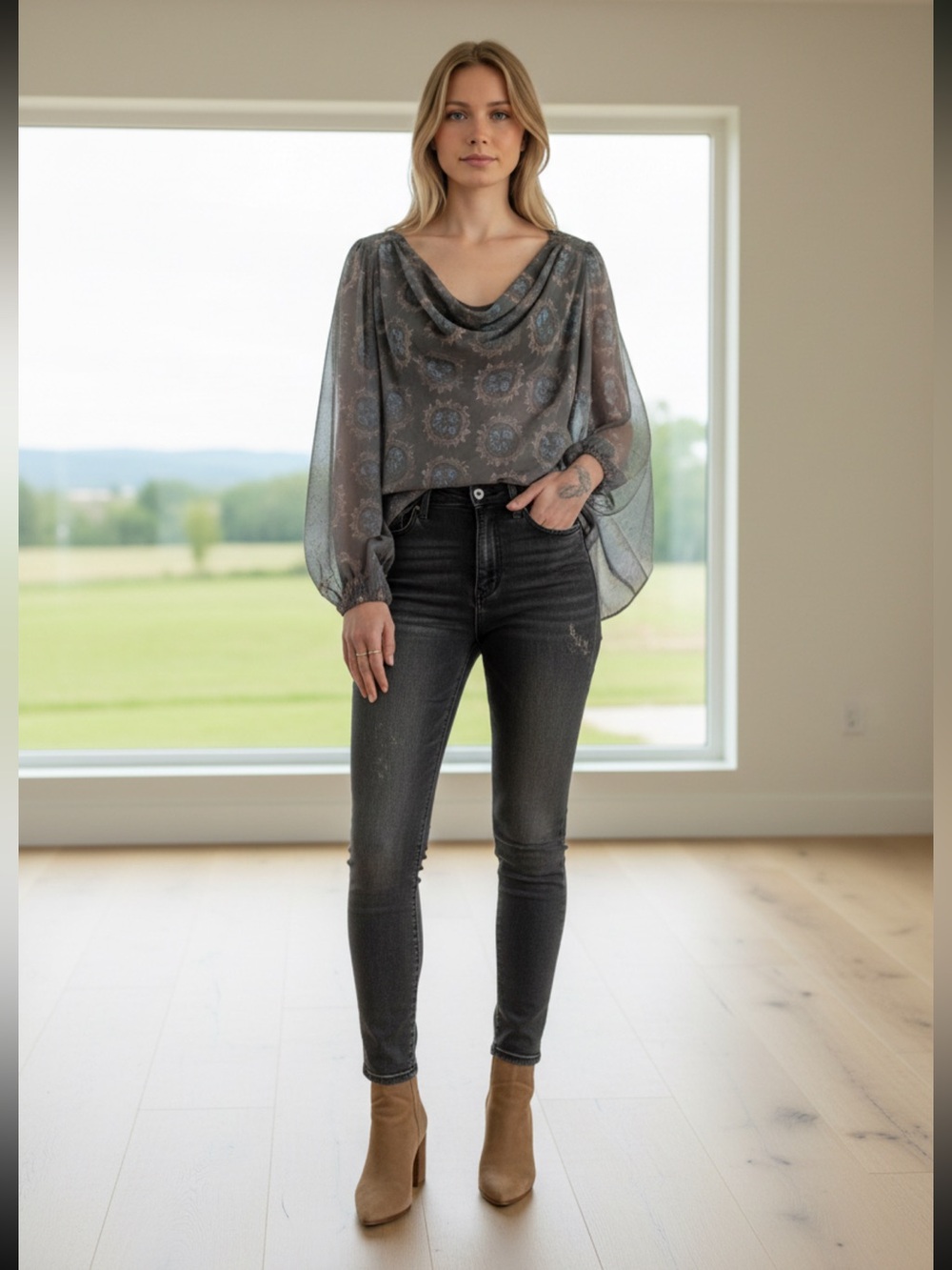 Free People Cowling Around Dark Grey Floral Cowl Neck Oversized Blouse S-M